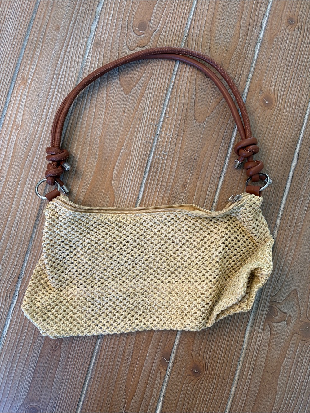 Woven Straw Shoulder Bag with Brown Strap